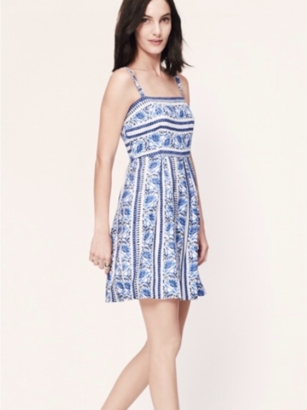 Loft Women’s Blue and White Striped Floral Fit & Flare‎ Dress Size 10